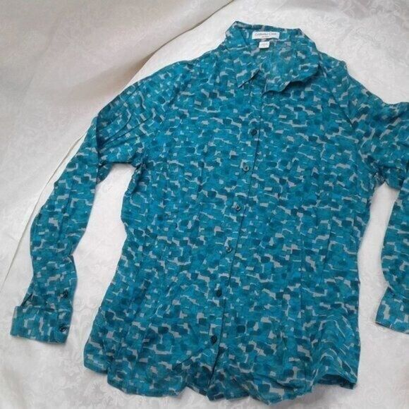 Coldwater Creek Longsleeve Lightweight No Iron Button Top Green Blue Gray Sz 14 - Picture 3 of 5